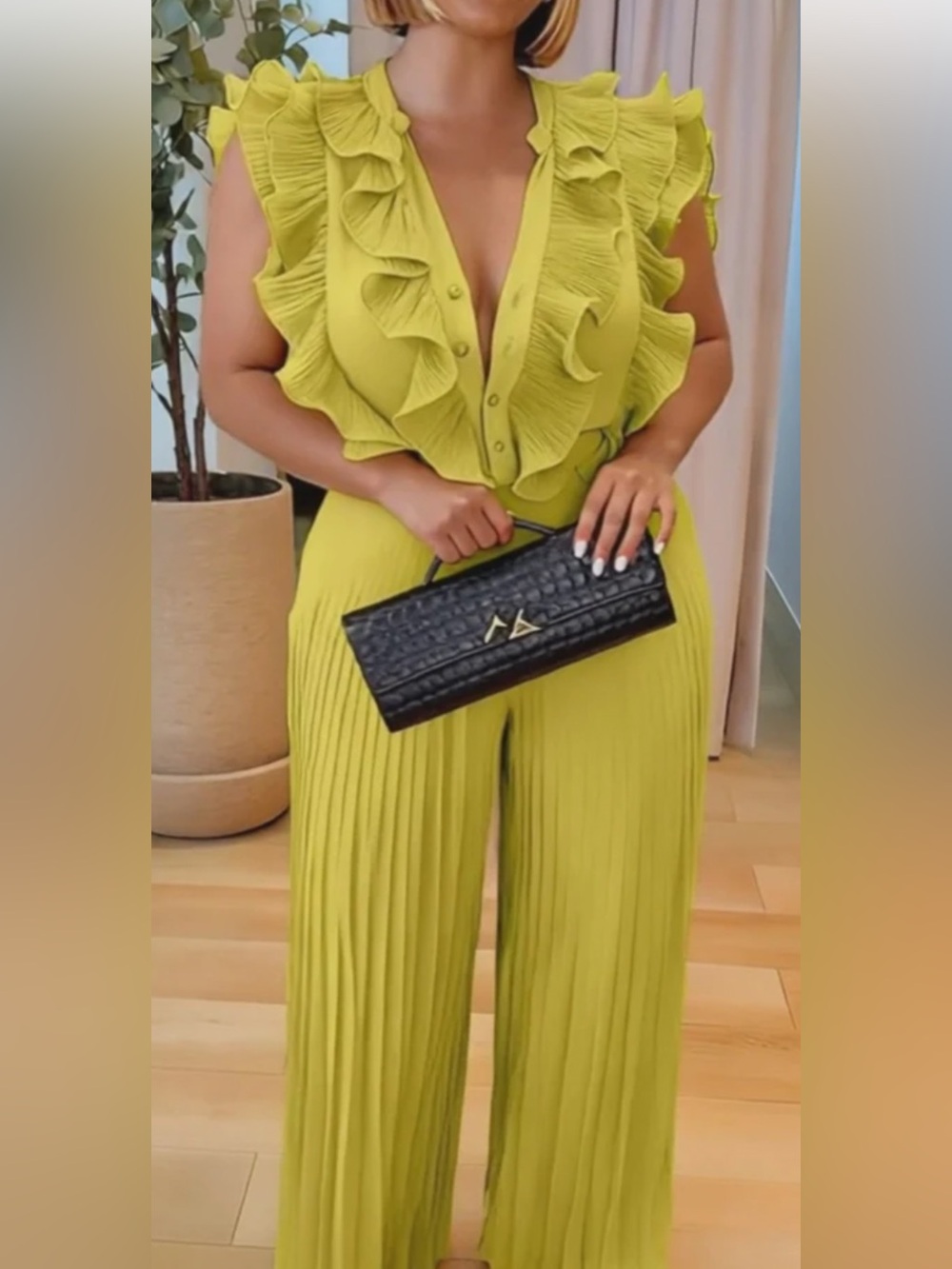 Ruffled V-Neck Wide-Leg Jumpsuit - Lime - NWOT- Size XXL